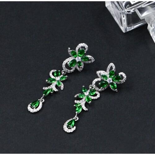 White Green Flower Cubic Zirconia Triangle Big Long Leaf Drop Bridal Earrings for Wedding Ear Jewelry