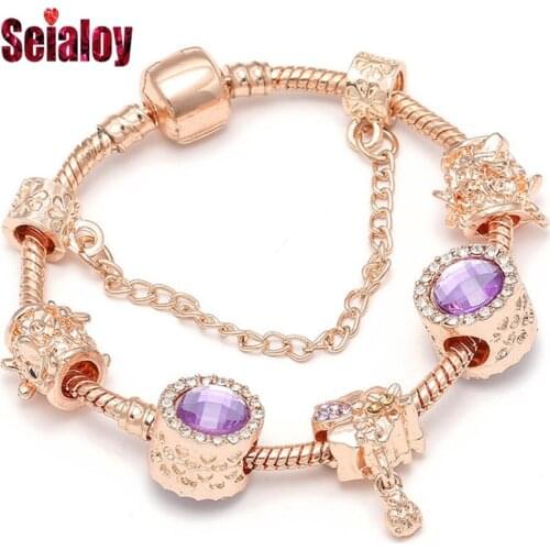 SEIALOY Rose Gold Bracelets For Women Couple Friendship Magnolia Lilac Crystal Beads Ladybug Charm Brands Bracelet Bangle Gifts
