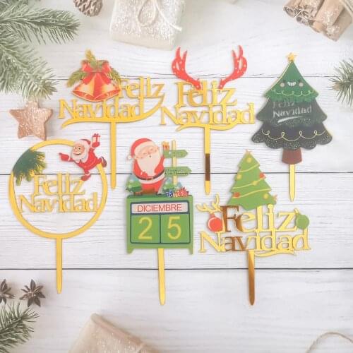 Feliz Cumpleaños Cake Banner Christmas Cartoon Spanish Acrylic Color Printing Christmas Elk Party Cake Decoration Topper