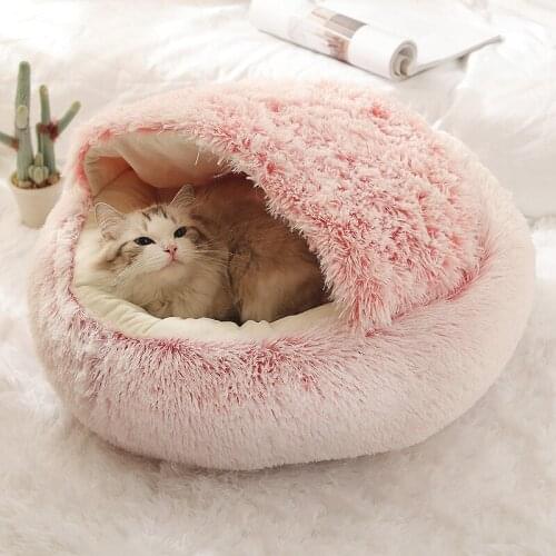 Pet Dog Cat Bed Round Long Plush Semi-Enclosed Cat House Dog Bed Deep Sleeping Bag Kennel Cushion Nest For Puppies Kitten