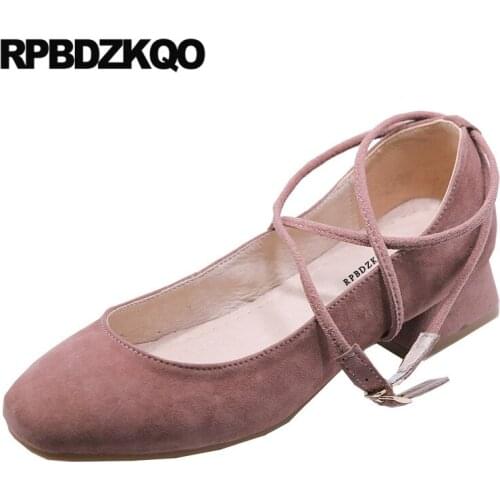 Ladies fashion shoes 2019 luxury women genuine leather designer low heels pink pumps square toe high block cross strap suede new
