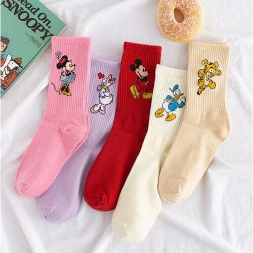 Disney Girl cartoon sweet and cute solid color Mickey Minnie Dais Donald Duck cotton sweat-absorbent tube socks sports socks