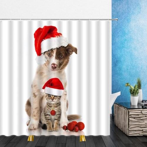 Cartoons Pet Shower Curtain Merry Christmas Colored Ball Santa Claus Waterproof Bath Curtains Bathroom Home Bathtub Bathing Set