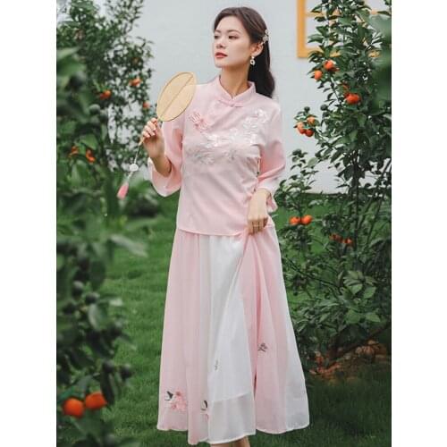Film of the republic of China wind hanfu cheongsam embroidered cotton embroidered coat bust skirt outfit daily suit small and pu