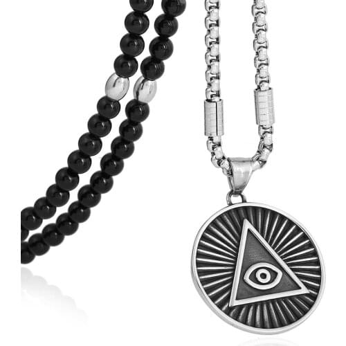 Stainless Steel Illuminati The All-seeing-eye Pendant Necklace Black Natural Stone Beaded Necklace