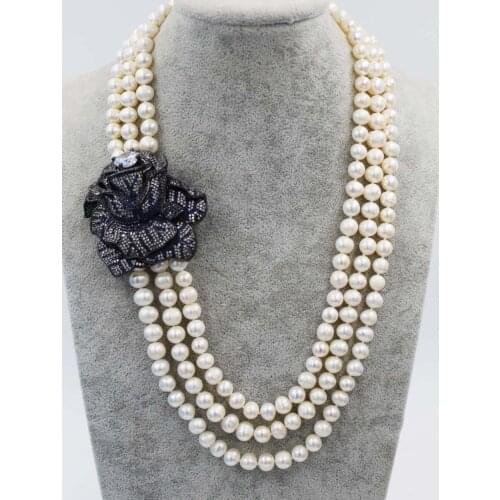 3rows freshwater pearl necklace white round 8-9mm wholesale blue flower pendant gift 19-21inch