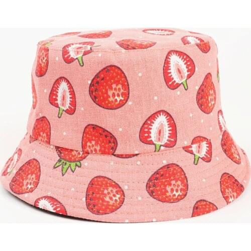 Cotton Strawberry Print Bucket Hat Fisherman Hat Outdoor Travel Hat Sun Cap Hats for Women And Men Double-sided Outdoor Sunshade