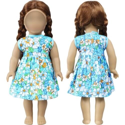 Handmade Dress for 18 Inch Girl Doll Daily Casual Wear Fashion Blue Flower Skirt Outfit Clothes fit 45 cm Dolls Accessories Toy