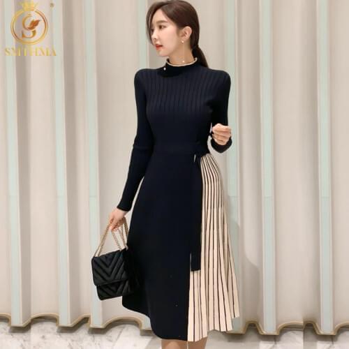 SMTHMA New Fashion Knitted Sweater Dress Women Long Sleeves Waistband Middle Pleated Ladies Office A-Line Vestido Da Festa