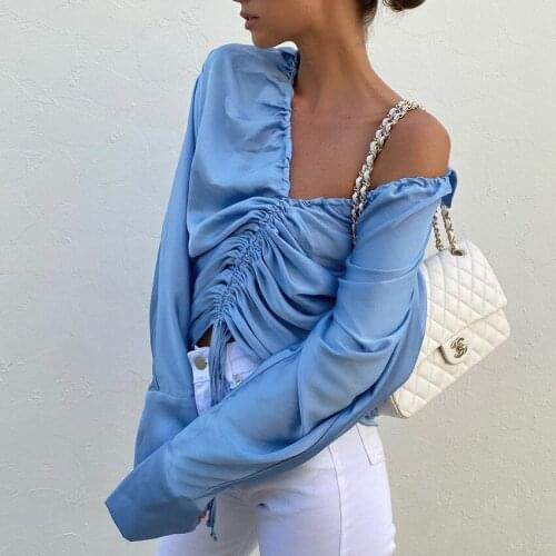 Ruched Drawstring Sexy Shirts Women Fashion 2021 V Neck Blue Casual Long Sleeve Tops Street Wear Ladies Blouses