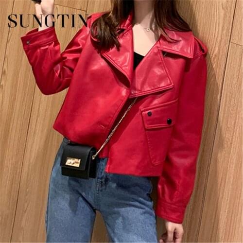 Sungtin Pockets Vintage Women Solid Elegant Loose Pu Leather Jacket Korean Female Soft High Street Biker Jakcet Comfort Chic New