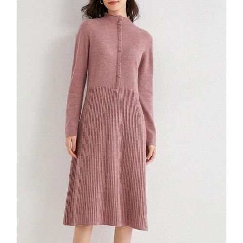 SZDYQH 2020 Women Cashmere Knit Dress Half Turtleneck Long Dress Solid Color Simple Fashion Female Sweaters Winter Full Sleeve
