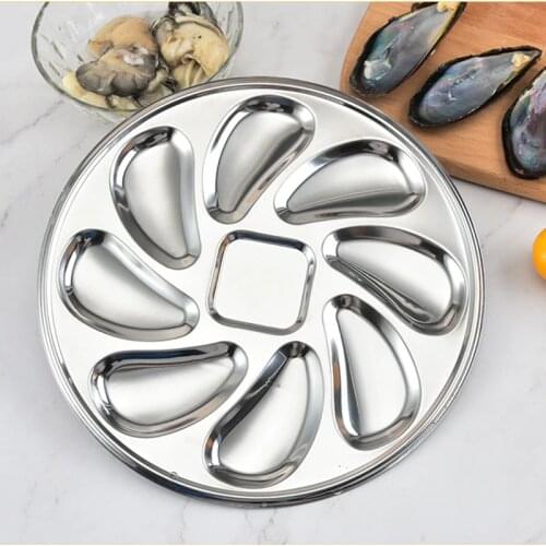 Stainless Steel Oystr Plate 8 Slots Oyster Serving Grilling Plate Pan for Oysters Sauce Lemons Seafood Tray Home Restaurant Dish