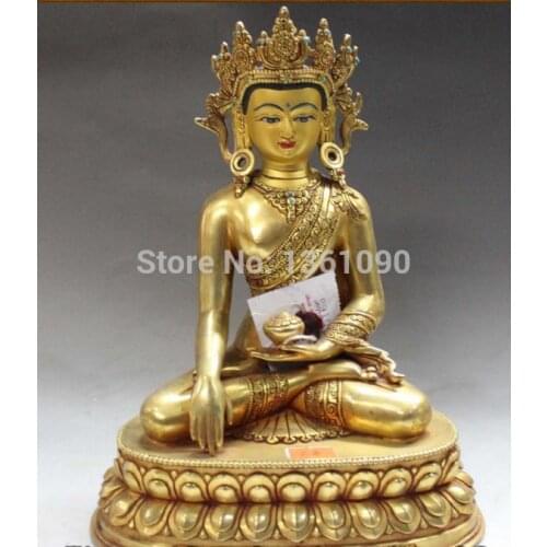 Xd 00990 10" Tibet Buddhism Bronze 24K Gold painting Shakyamuni Sakyamuni Buddha Statue