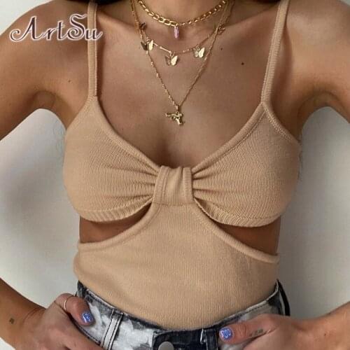 ArtSu Summer Sexy Casual Hollow Out Camis Womens Sleeveless Backless Ribbed Low Cut V-Neck Club Crop Tops Vest Female VE52656