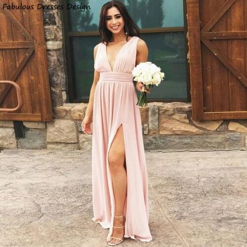 Sexy V Neck Split Bridesmaid Dresses Long A Line Sleeveless Pink Wedding Party Dress 2021 De Soirée De Mariage