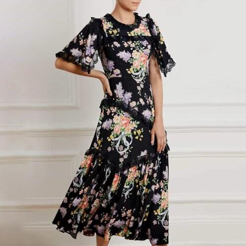 Summer dress French retro irregular lace stitching printing round neck flying sleeves slim long dress women