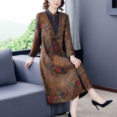Large Size Dress Fake Two Pieces 2021 Spring Autumn New High-End Mid-Length Dress Vintage Printed Women Tunic Jacket Robes zh158