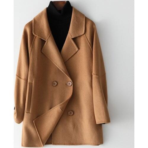 Camel Double Faced Tweed Coat 2021 Spring Fashion Womens All Wool Loose Medium Length Jacket Simple Cashmere Female Overcoat