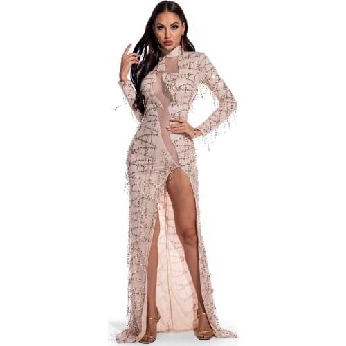 Ziamonga Black Fashion Sequin Gowns Women Long Sleeve High Collar Elegant Mesh Sexy High Split Celebrity Party Long Dresses 2021