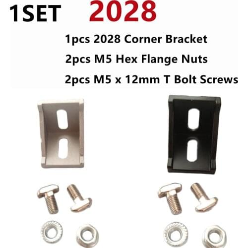 1Set 2028 Aluminum Profile Connector Set: 2Pcs M5 Hex Flange Nuts +1Pcs 2028 Corner Bracket + 2Pcs M5 x 12mm T Bolt Screws