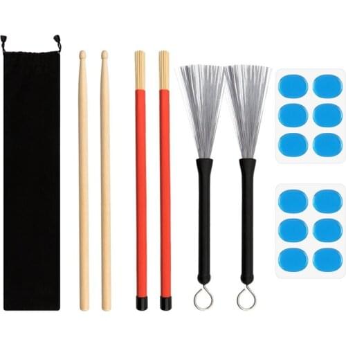 1 Pair Drum Wire Brushes and 1 Pair Rods Drum Brushes Set for Kids, Rock Band, Jazz Folk with Portable Storage Bag
