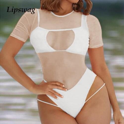 2021 Sexy Solid Color Mesh One Piece Swimsuit Women Push Up Hollow Out Swimwear Bathing Suit Bodysuit Beach Wear Backless Bikini