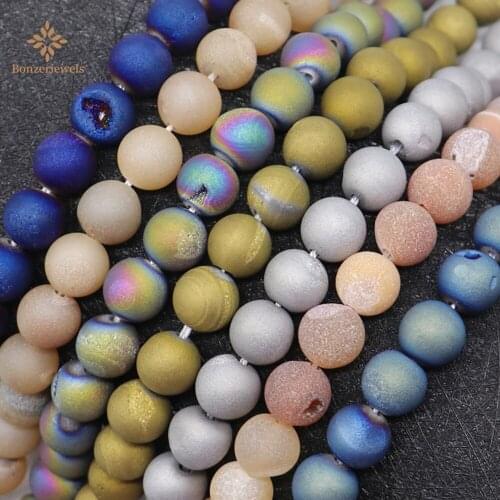 6 Colors Natural Rainbow Electroplated Druzy Agates Spacer Loose Round Stone Beads For Jewelry DIY Making Bracelet 15'' 6 8 10MM