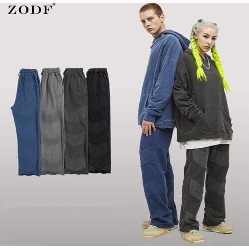 ZODF Brand New Mens Autumn Patchwork Sweatpants Washed Vintage High Street Unisex Solid Brand 100% Cotton Pants HY0235