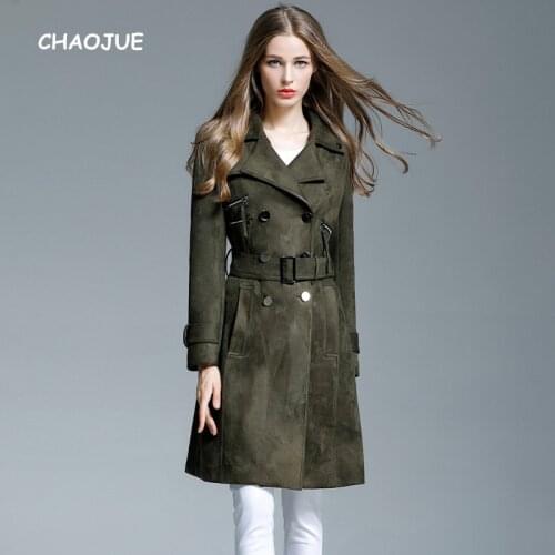 CHAOJUE Brand Womens Medium Long Suede Coat 2018 Fall/Winter Fashion Elegant Army Green Trench uk Female Zip Decoartion Pea Coat