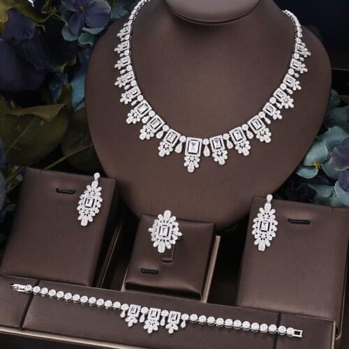 Janekelly 4pcs Bridal Zirconia Full Jewelry Sets For Women Party, Luxury Dubai Nigeria CZ Crystal Wedding necklace sets