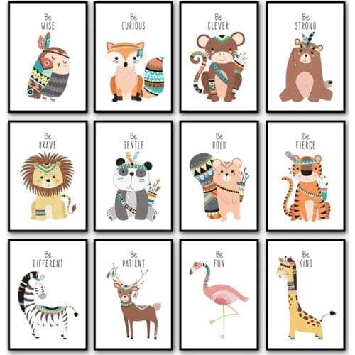 Cartoon Indian Animals Print Canvas Paintings Cute Zebra Giraffe Bear Lion Poster Nursery Pictures Children Room Wall Art Decor