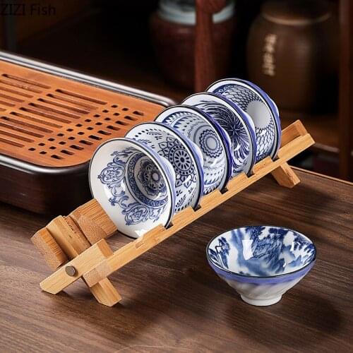 80ml Blue and White Porcelain Ceramic Tea Set Kung Fu Tea Cup Set Storage Cup Holder Six-piece Suit Green Tea Tieguanyin Teacup
