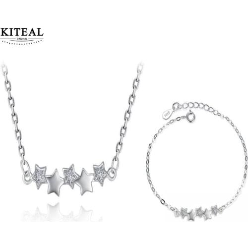 KITEAL Xmas Gift Lady Joint 925 jewelry silver color crystal star necklace+bracelet five star anel masculino jewelry display