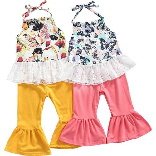 2Pcs Little Girls Outfit, Butterfly/Floral Printing Lace Splicing Hanging Neck Sleeveless Tops + Solid Color Bell-bottomed Pants