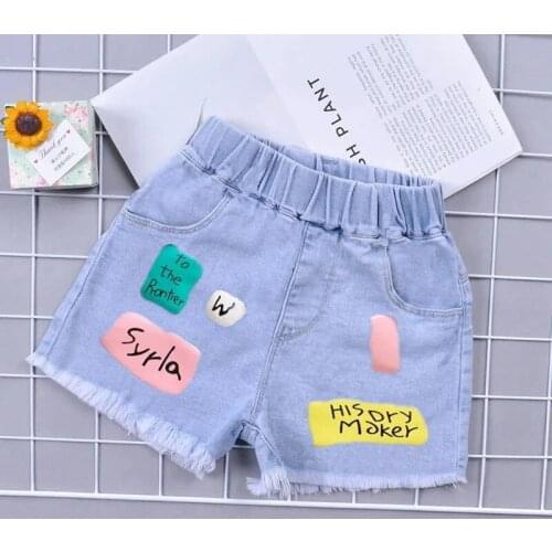 Summer Cotton-Polyester Girls Denim Shorts 2021 New Season Mid-Waist Fashion Casual Loose-Fitting Thin Elastic Full Marks Jeans
