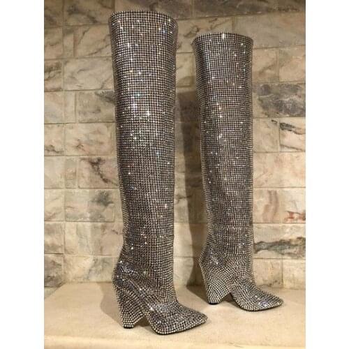 Moraima Snc Bling Bling Crystal Embellished Over the Knee Boots Sexy Pointed Toe Spike Heels Long Boots Woman Thigh High Boots