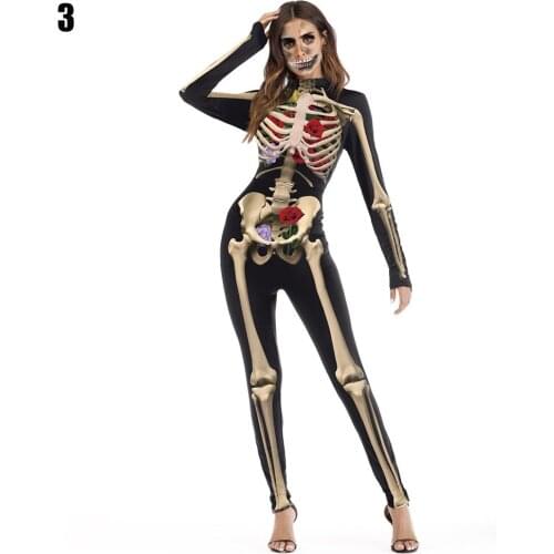 Newest Womens Halloween Costume Bone Skeleton Jumpsuit Cosplay Long Sleeve Bodysuit