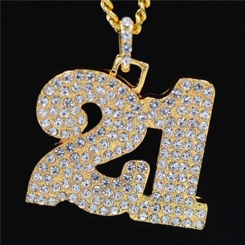 Number 21 Pendant Necklace Gold Silver Crystal Pendant Necklace Men Women Hip Hop Jewelry