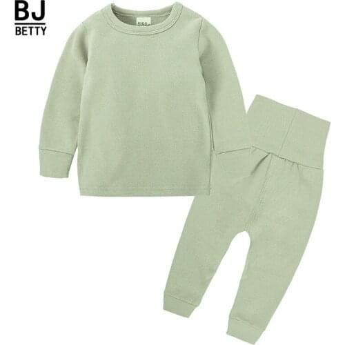 2021 New Toddler Baby Boys Girls Long Sleeve Pyjamas Pure color Pajamas Set Nightwear T shirt + Pants Kids Sleepwear Body Suit