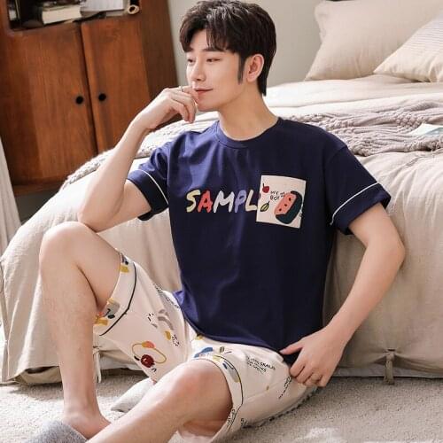 Blue Cotton Shorts Men Nightwear Suti Summer Short Sleeve Couple Pajamas Set Japanese Cartoon Print Women Short Sleeve Homewear
