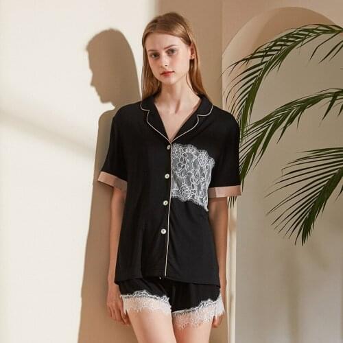 Summer Autumn Women Loose Modal Pajamas Set Loose Thin Ladies Sexy Lace Short Sleeve Top+Shorts 2Pcs Turn Down Collar Homewear