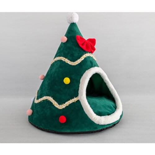 Pet Christmas Decor House Dog Cat Bed Warm Kitten Cave Sleeping Mat Bed Soft Cozy Foldable Cats Nest Tent for Cats Christmas