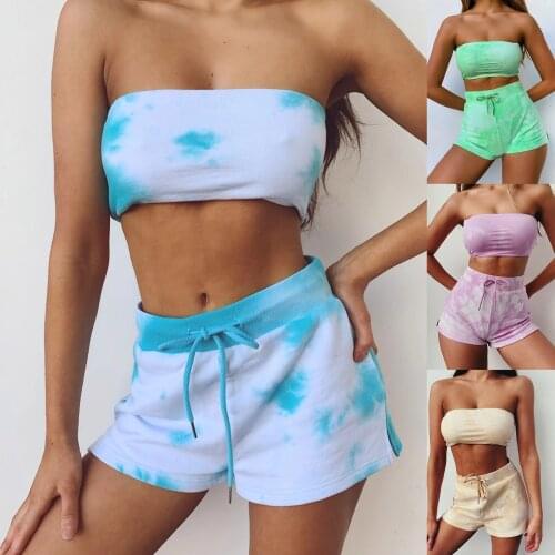 Tie Dye 2020 Sexy Two Piece Set Womens Summer Casual Shinny Tube Top Shorts Bodycon 2Pcs Set Outfits Short Sport