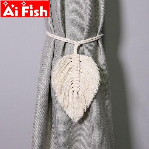 Nordic Curtain Straps Beige Leaves Design Hemp Rope Hand-woven Cotton Rope with Tassel Curtain Tiebacks Buckle Ornaments MY366#5