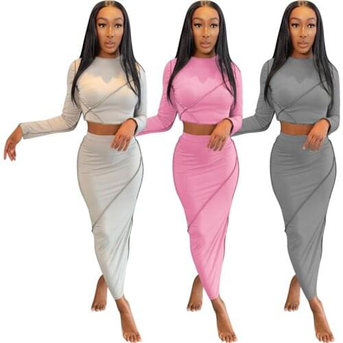 2021 Long Sleeve T-shirt Color O Neck Long Sleeve Pants Sexy Tight Slim Wrap Hip Skirt Lady Fashion Tracksuits