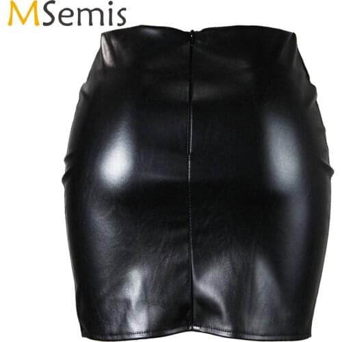 Womens PU Leather Zipper Back Side Slit Miniskirt High Waist PU Leather Bodycon Pencil Skirt Ladies Sexy Club Bar Clubwear
