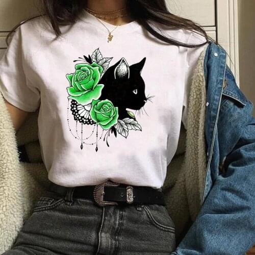 Women Printing Print Graphic Cartoon Cat Pet Flower Fashion Cartoon Clothes Lady Tees Tops Female T Shirt Womens T-Shirt