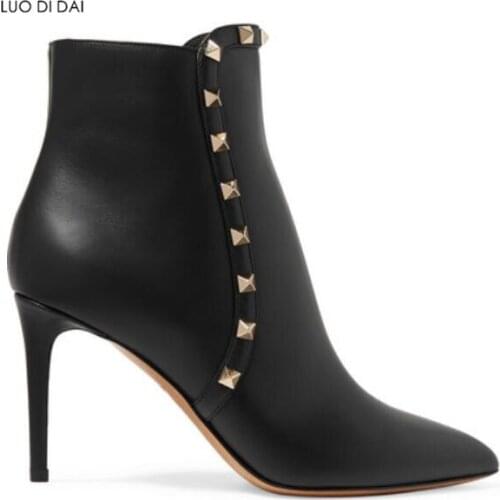 2019 fashion women spike stud boots thin heel gold rivets women ankle booties pointed toe boots ladies party shoes mujer botas