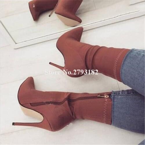 Ladies Sexy Pointed Toe Bandage Suede Thin Heel Short Boots Blue Grey Sock Slim Super High Heel Ankle Boots Club Shoes